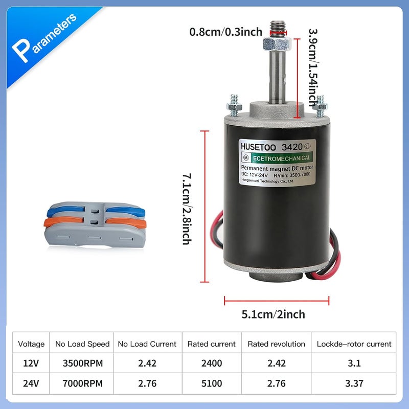 HUSETOO محرك تيار مستمر عالي العزم 12V/24V، محرك هادئ لمشاريع DIY مع موصل كابل لمحركات كهربائية ومولدات، 30W CW/CCW 3500/7000RPM (عمود دوار ملولب) - Image 3